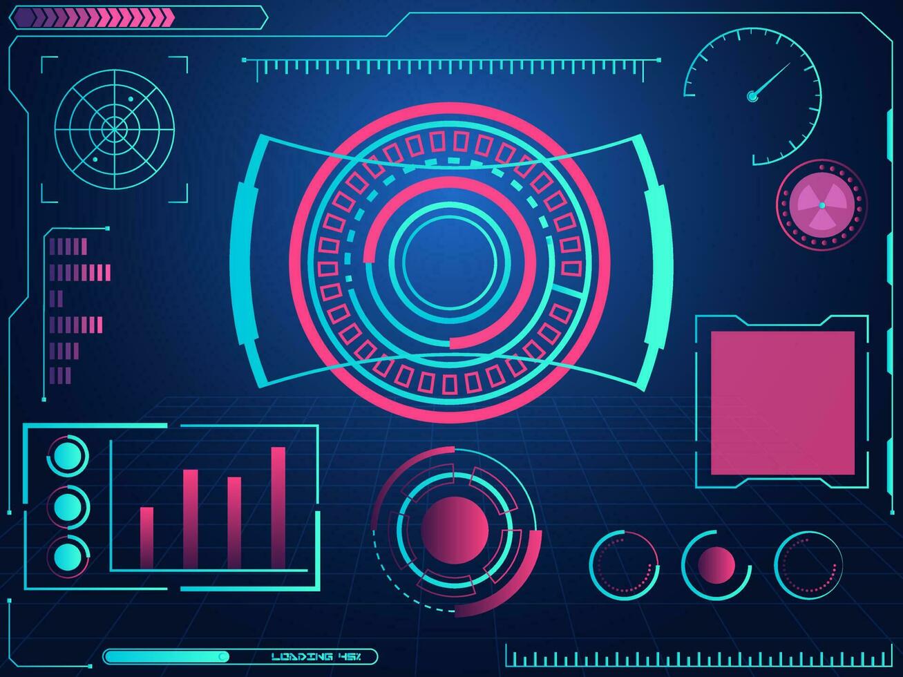 Futuristic graphic user interface HUD and radar screens on blue grid background. vector