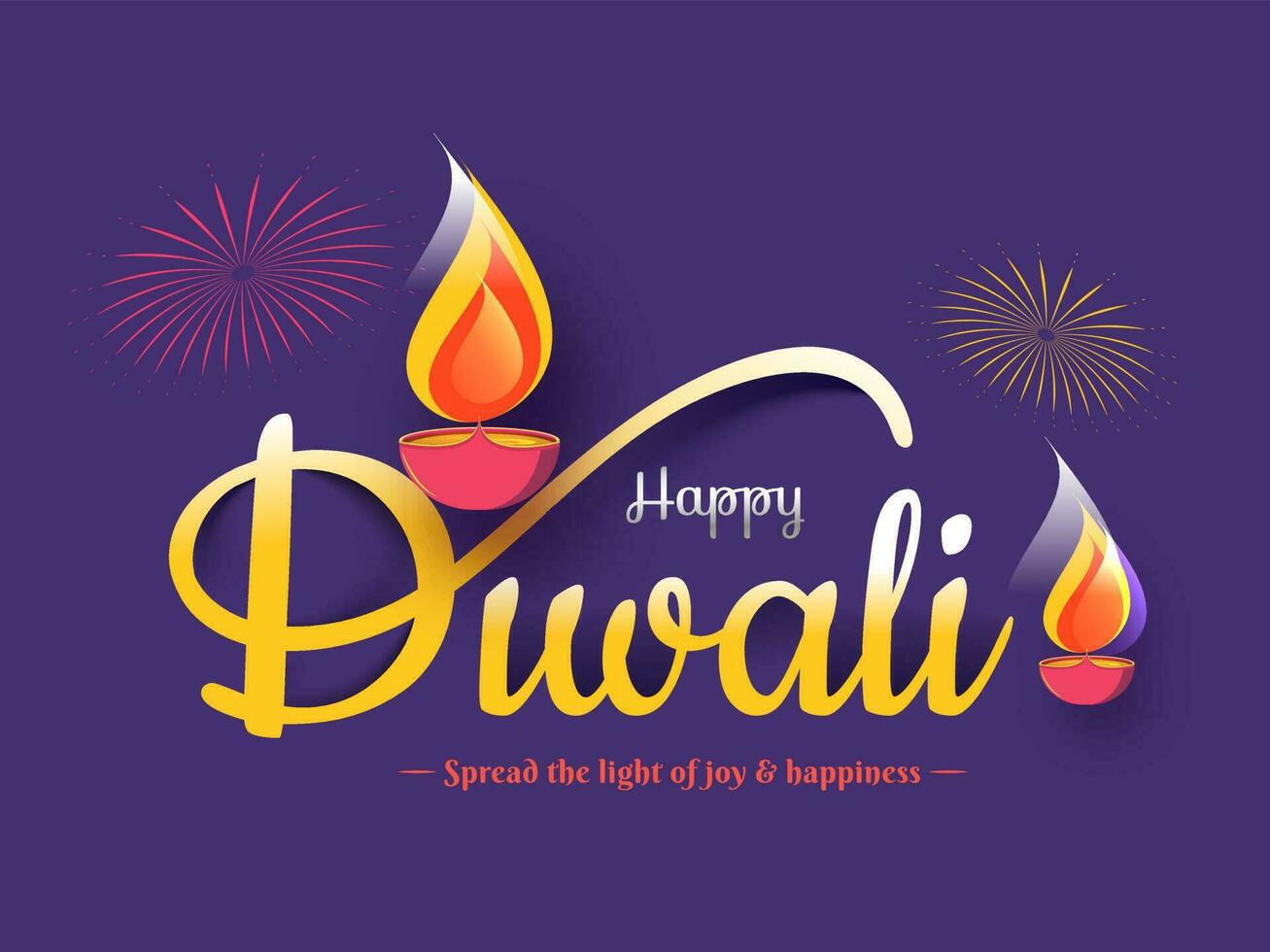Calligraphy of Happy Diwali with illuminated oil lamps and given message for you as Spread the Light of Joy Happiness on purple background. vector