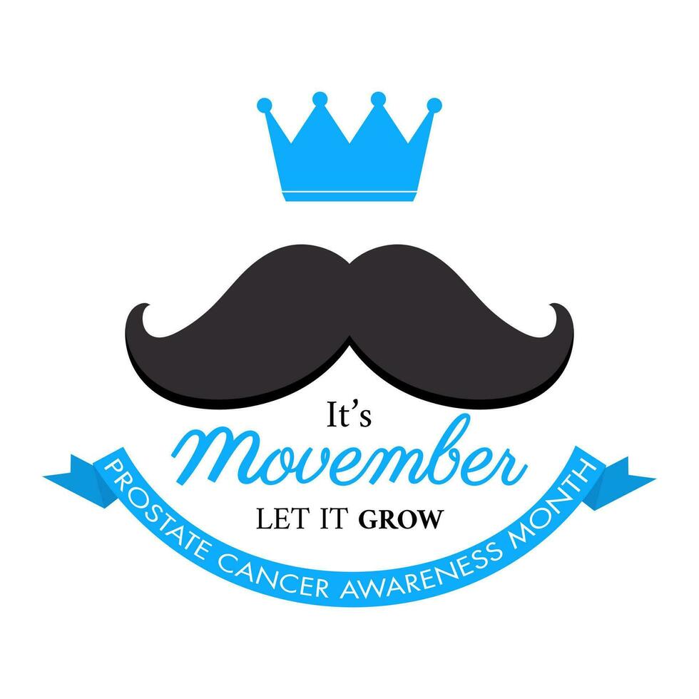 It's Movember, Let It Grow text with mustache and crown prize on white background for Prostate Cancer Awareness Month concept. vector