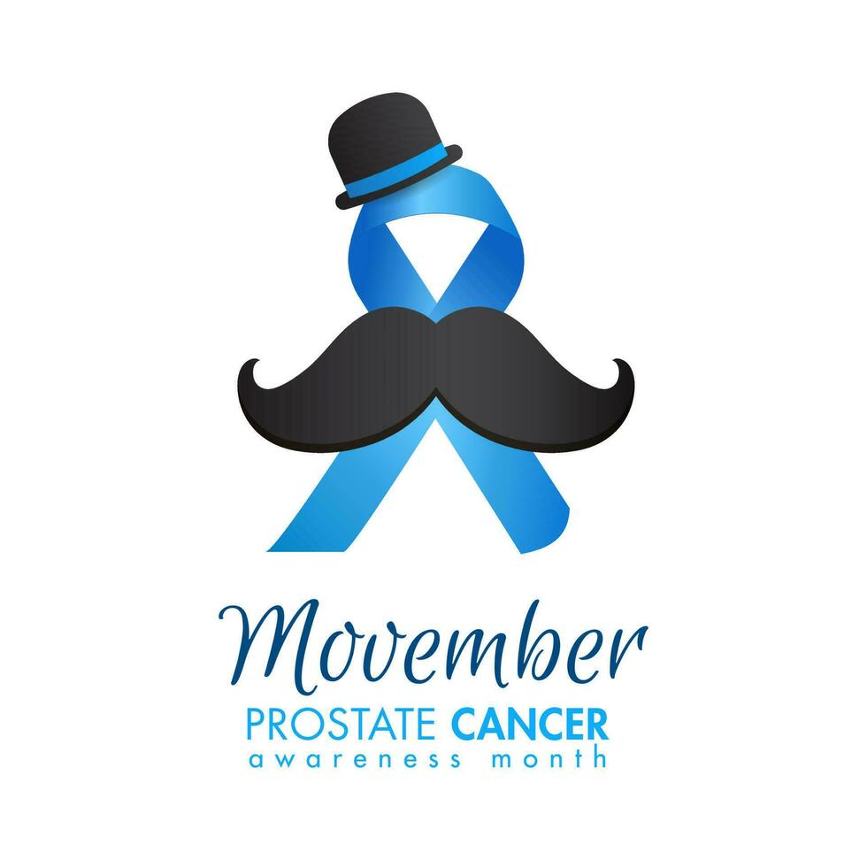 Prostate Cancer ribbon with fedora hat and mustache on white background for Movember Awareness concept. vector