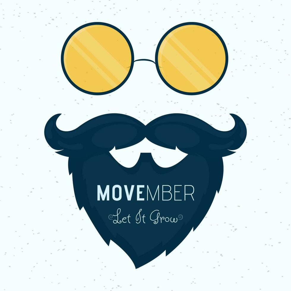 Men's Health concept with text Movember, creative beard, mustache and glasses on blue background. vector