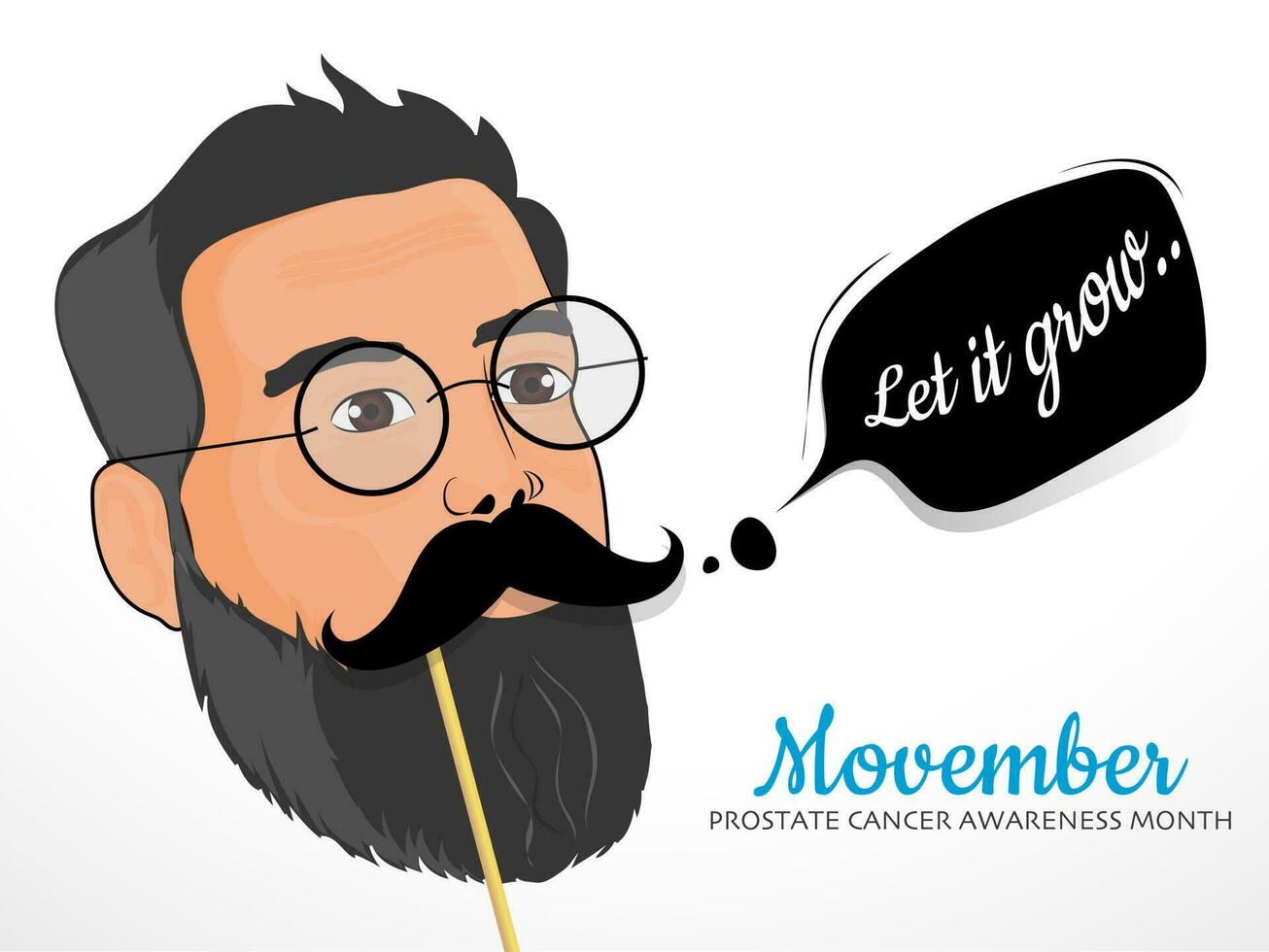 Illustration of man face wearing eyeglasses with mustache stick on white background for Movember, Prostate Cancer Awareness Month concept. vector