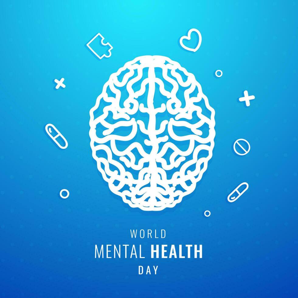 Illustration of human brain on blue dots seamless background for World Mental Health Day poster or card design. vector