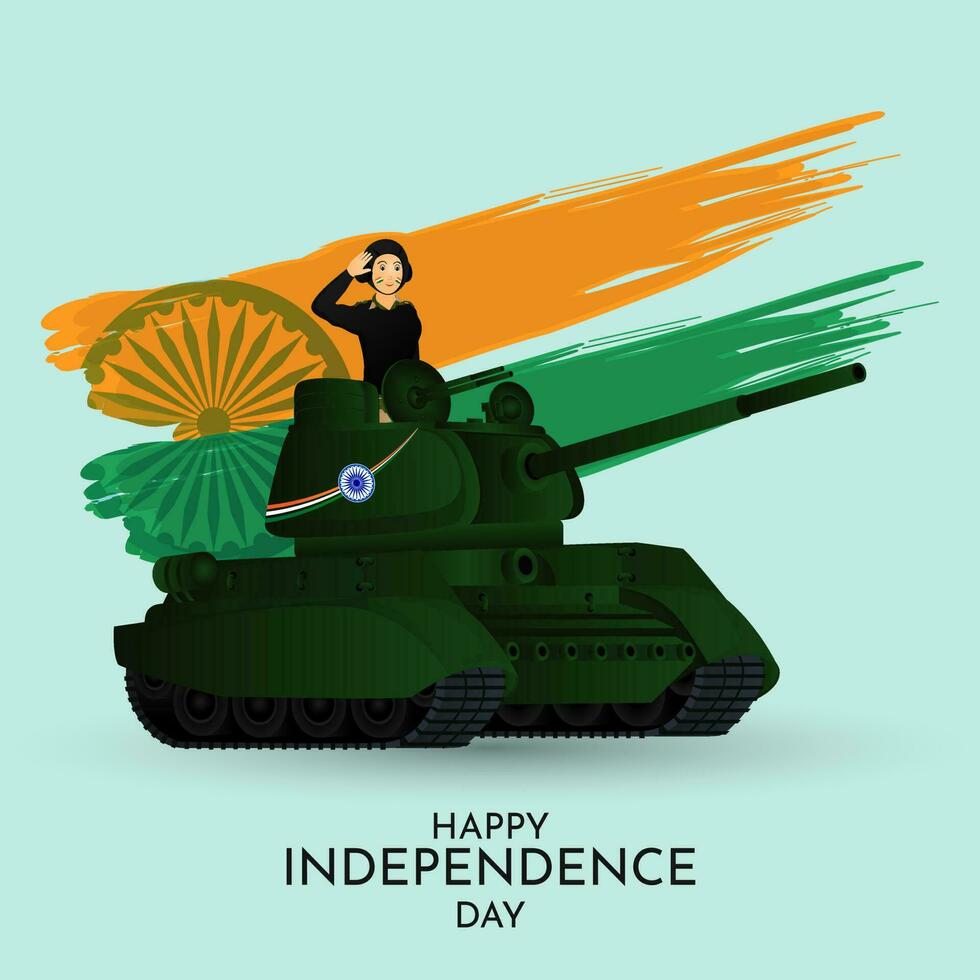 Saluting army officer on military tank, Ashoka Wheel with saffron and green brush stroke color for Happy Independence Day celebration concept. vector