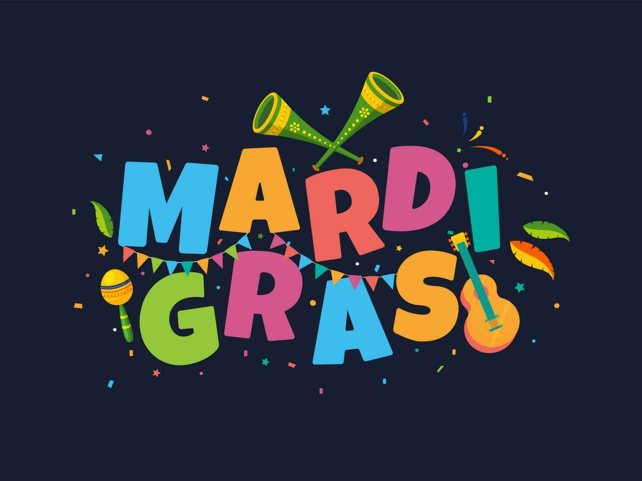 Colorful text of Mardi Gras with music instruments and confetti decorated on blue background. Can be used as banner or poster design. vector