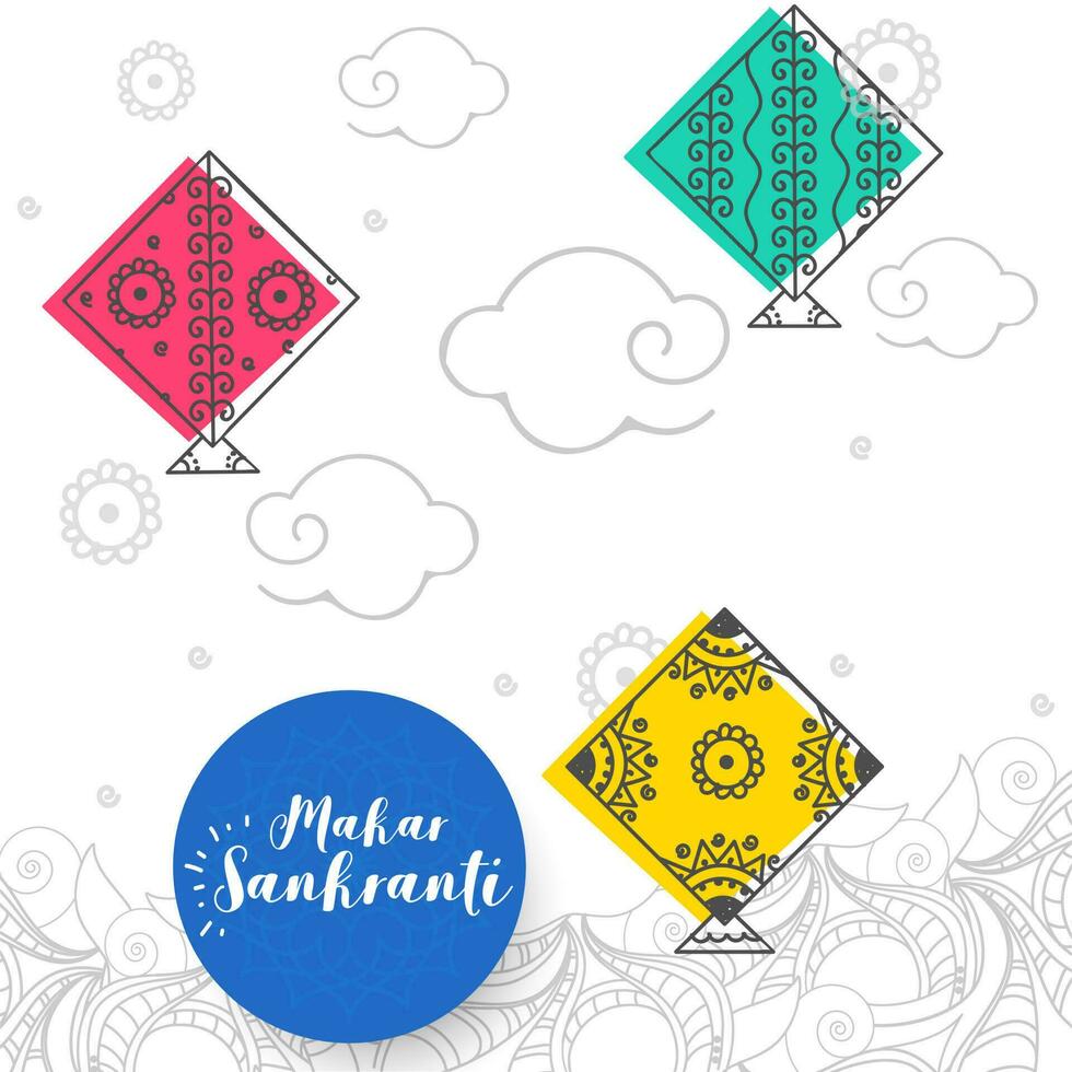 Doodle style greeting card design decorated with kites and cloud on floral design background for Happy Makar Sankranti. vector