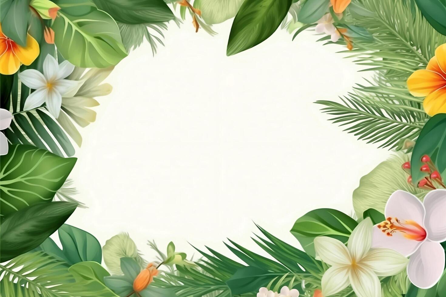Summer Frame or Border with tropical palm leaves and flowers on white background photo