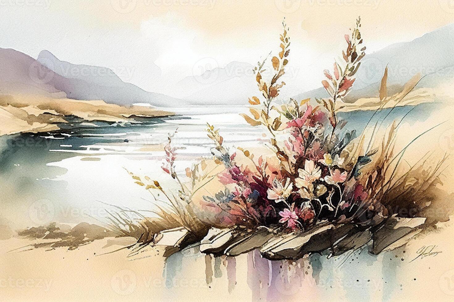 there is a painting of watercolor lake and flowers. . photo