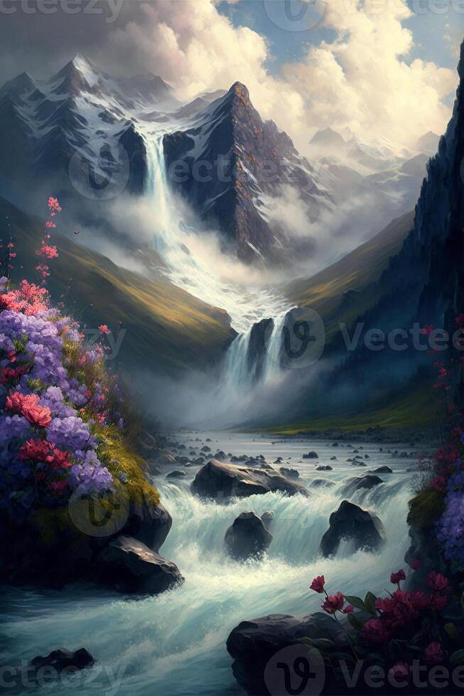 painting of a waterfall in the mountains. . photo