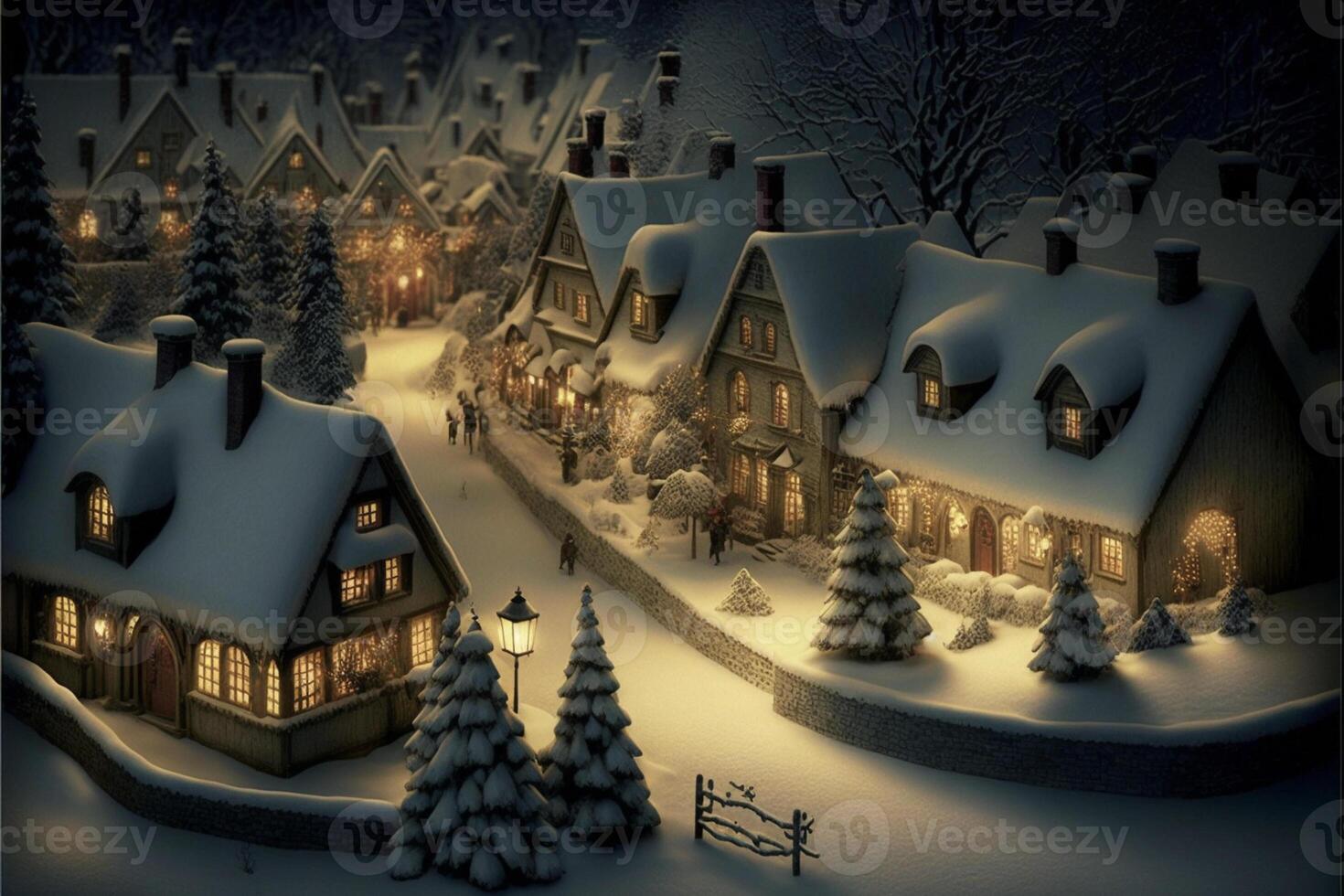 small town in the middle of a snowy night. . photo