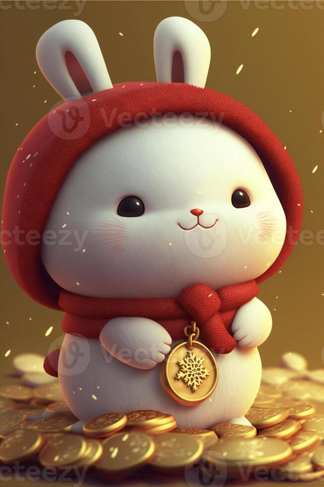 white rabbit wearing a red hat and scarf standing on a pile of gold coins. . photo