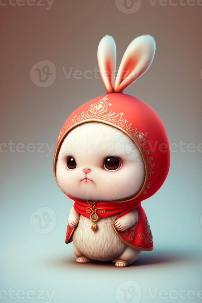 white rabbit wearing a red hat and a red scarf. . photo