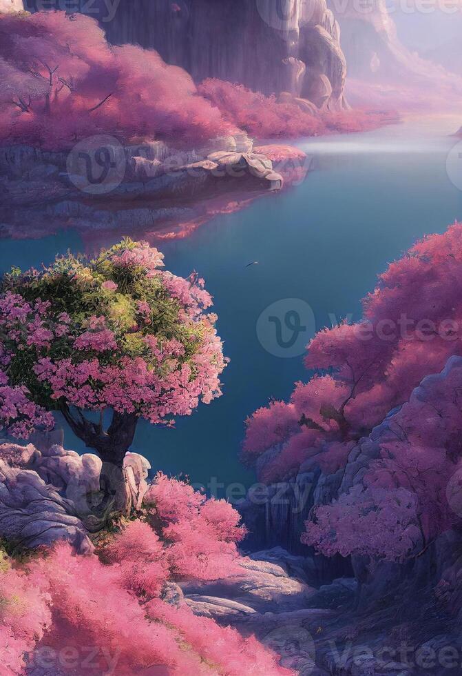 pink tree sitting on top of a lush green hillside. . photo