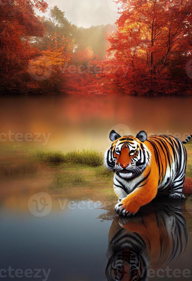 there is a tiger that walking in the water. . photo