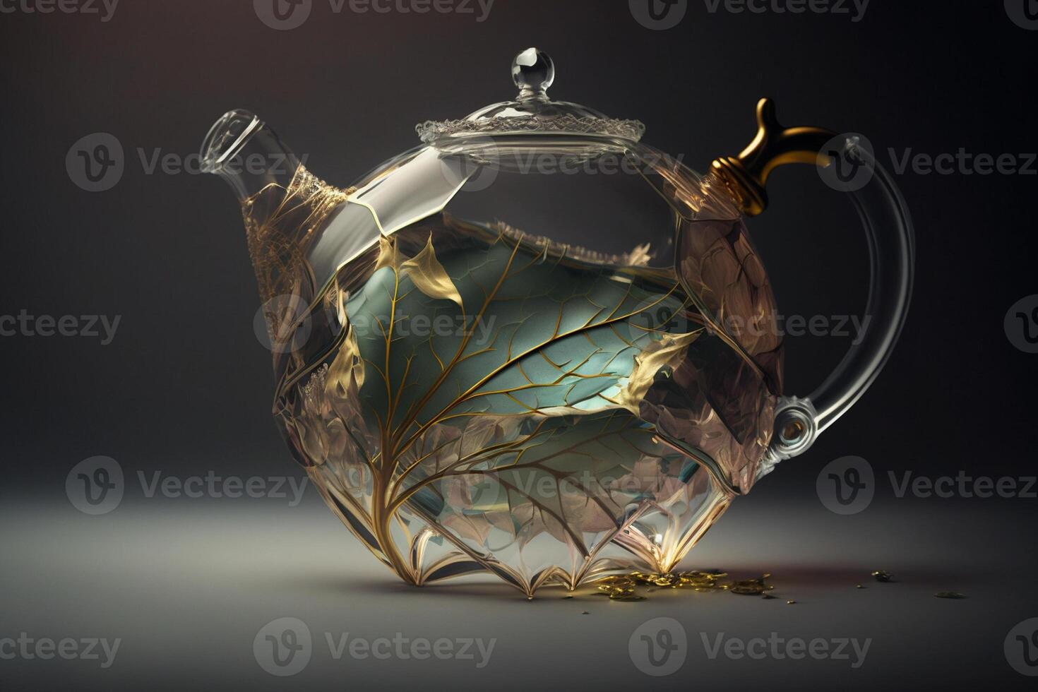 there is a teapot with glass lid and gold leaf decoration. . photo