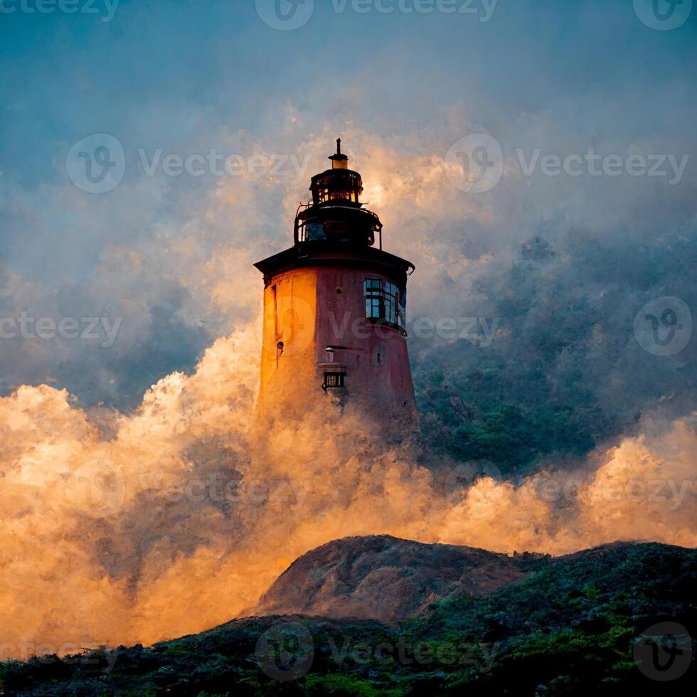 light house sitting on top of a lush green hillside. . photo