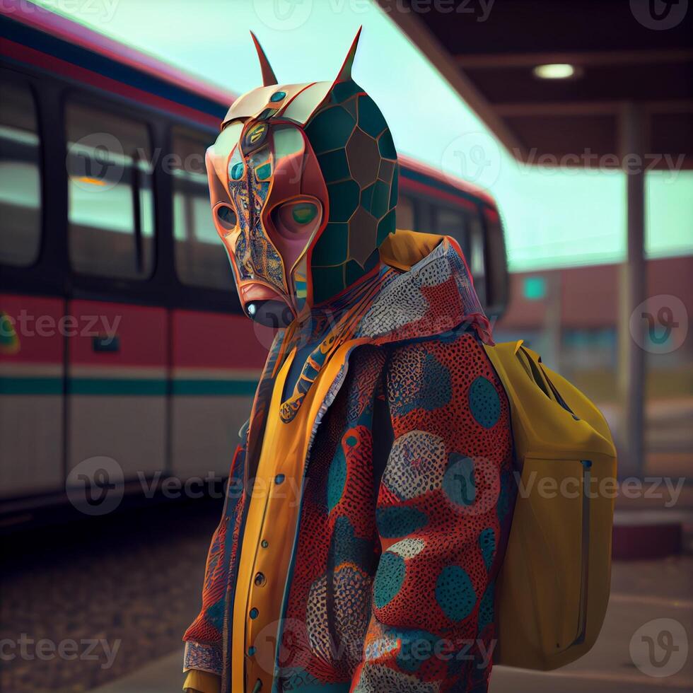 man wearing a mask standing in front of a bus. . photo