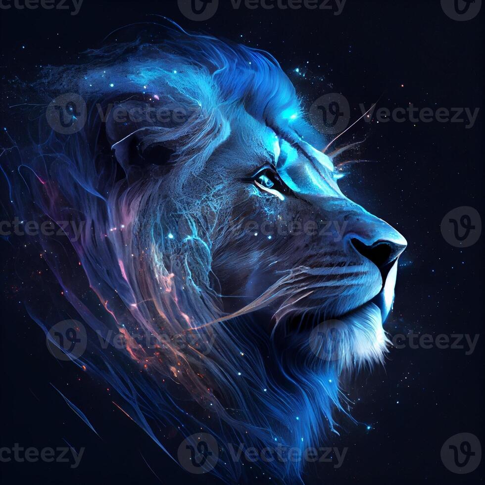 close up of a lions face on a black background. . photo