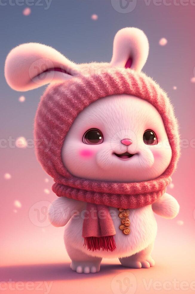 white rabbit wearing a pink hat and scarf. . photo