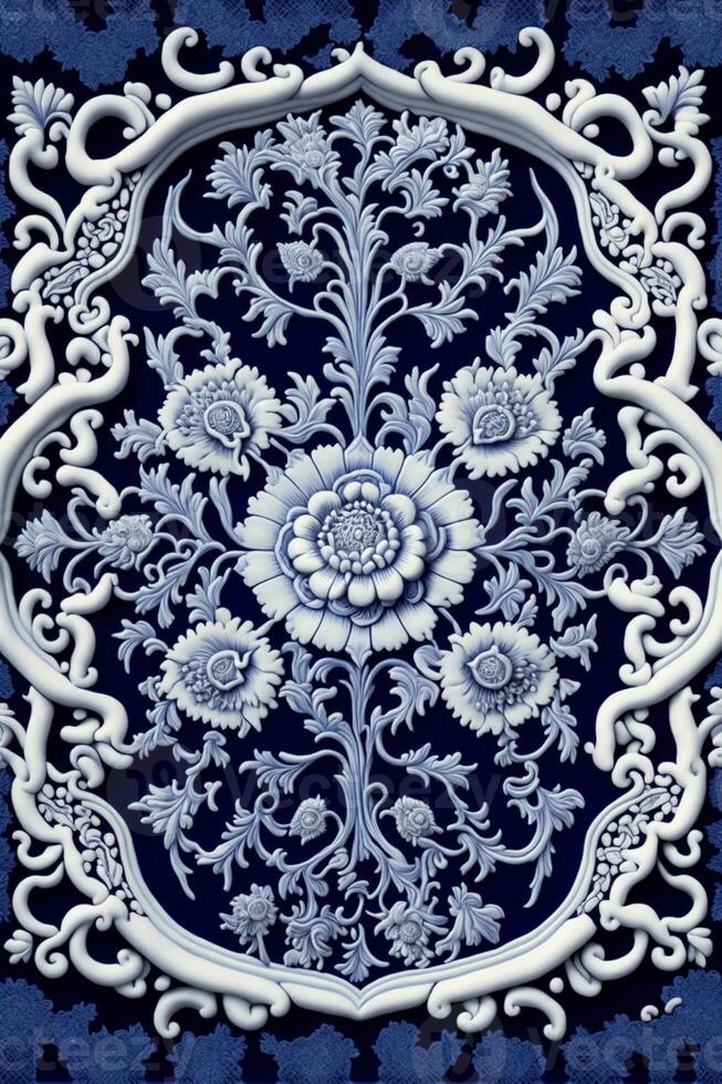 blue and white tile with a floral design. . photo