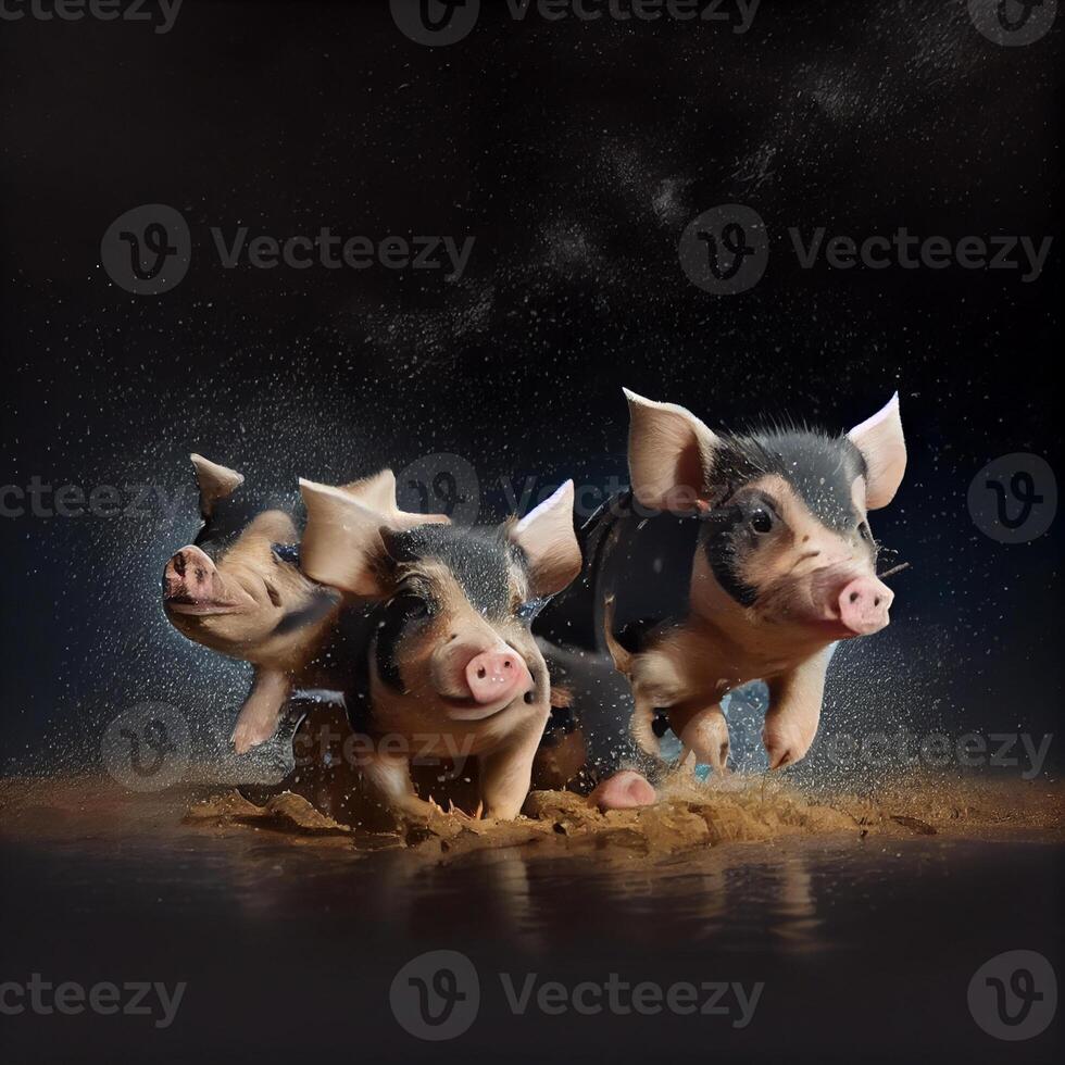 three little pigs are playing in the sand. . photo