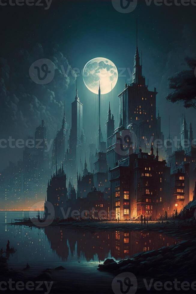 painting of a city at night with a full moon. . photo