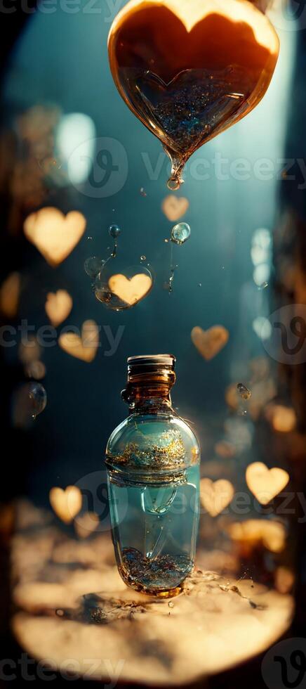 glass jar filled with liquid sitting on top of a table. . photo