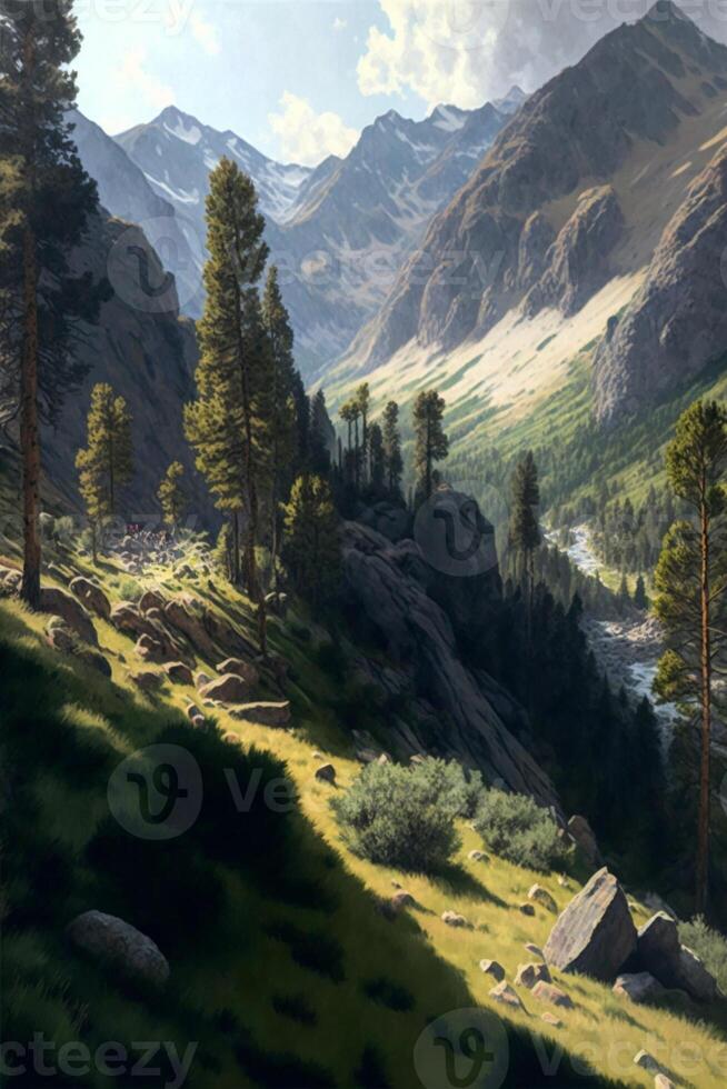 pintura de un Valle con montañas en el antecedentes. generativo ai. foto
