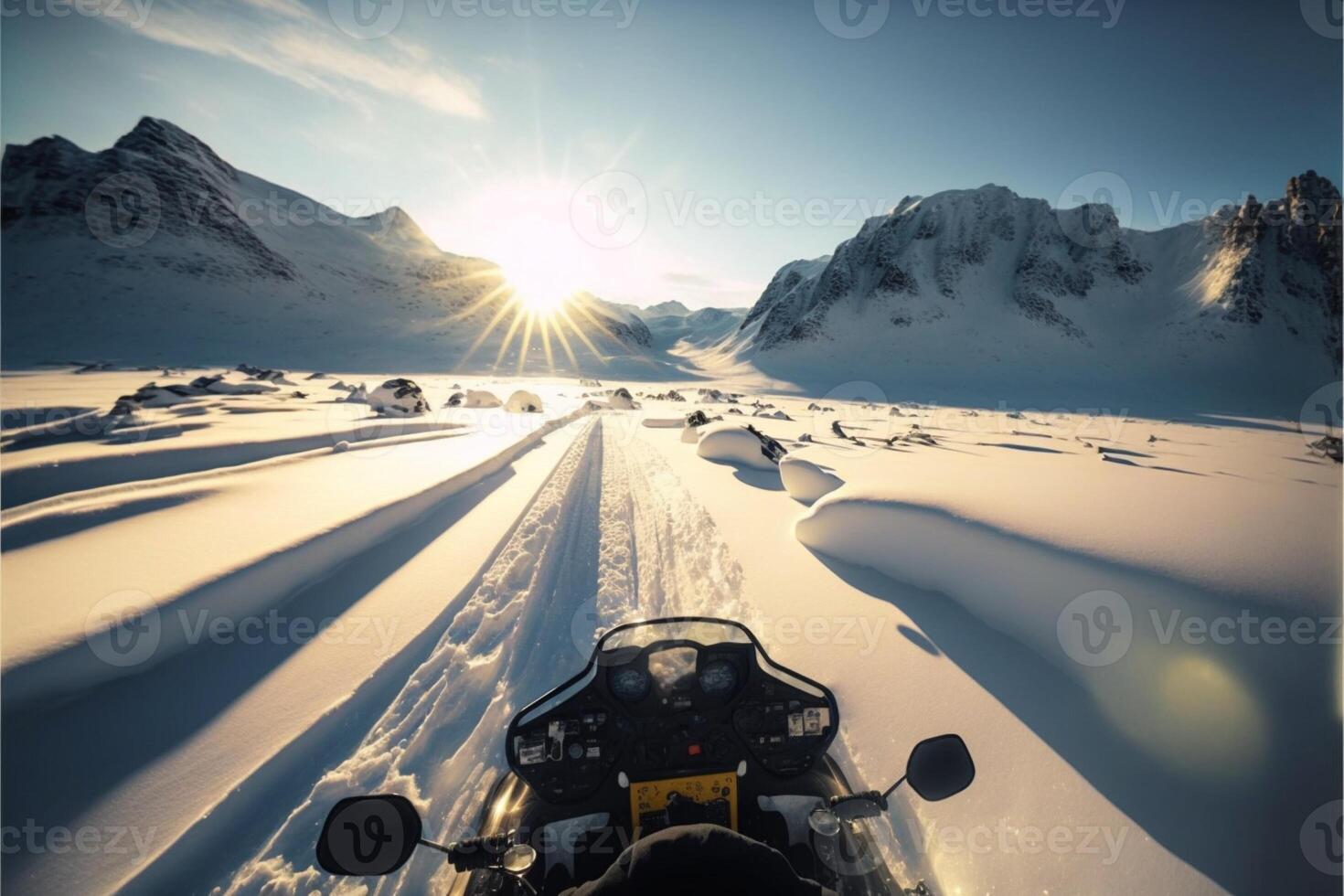 person riding a motorcycle down a snow covered road. . photo