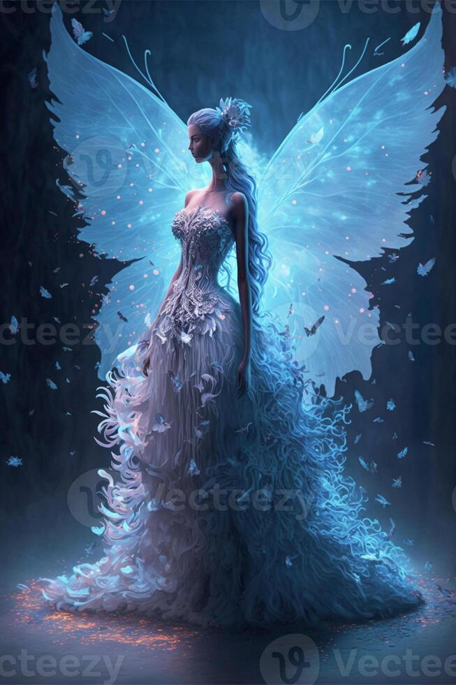 woman in a white dress with blue wings. . photo