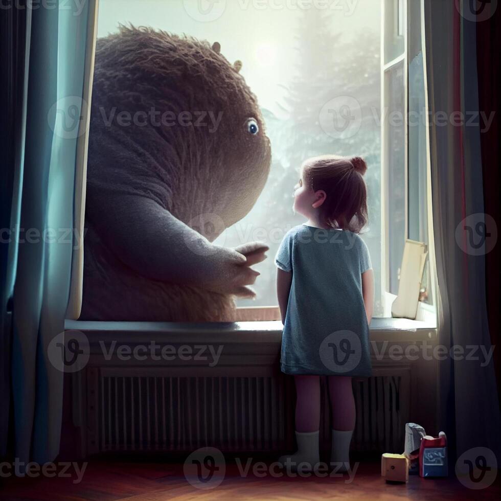 little girl looking out a window at a teddy bear. . photo