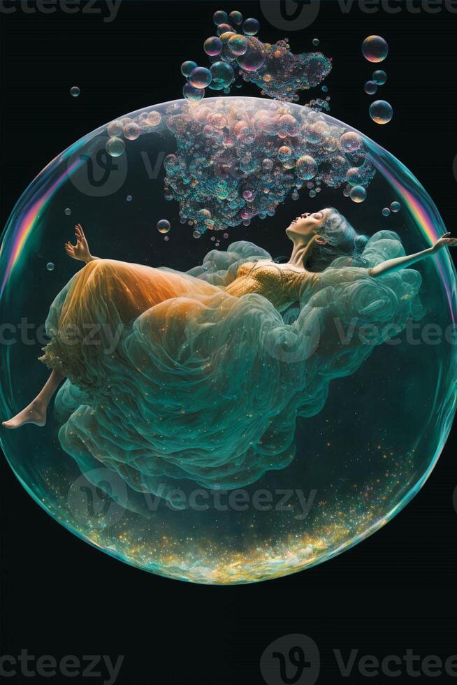 woman floating in a bubble filled with bubbles. . photo