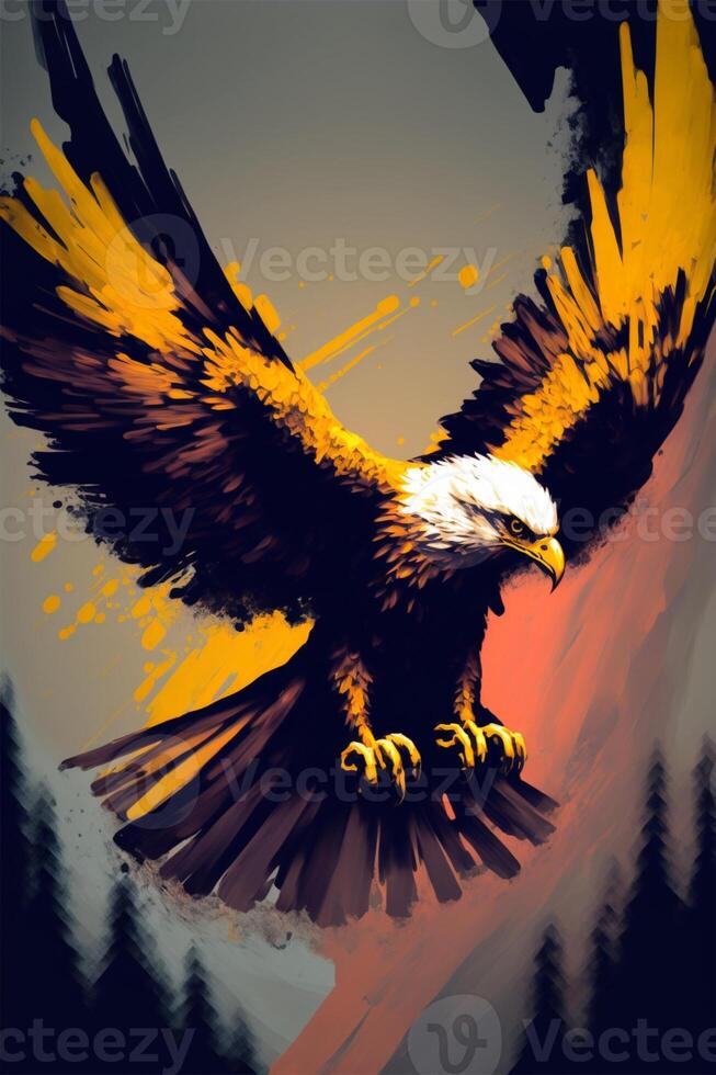 painting of an eagle flying in the sky. . photo