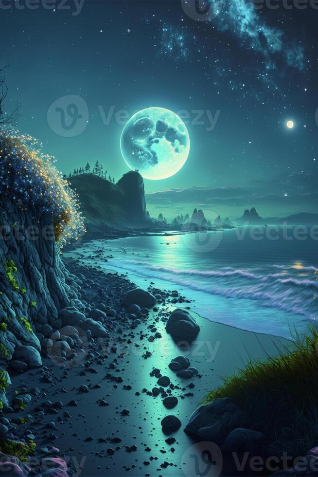 painting of a beach at night with a full moon in the sky. . photo