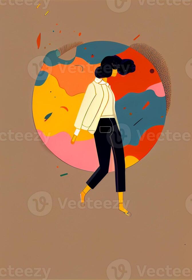 an illustration of a woman walking in front of a planet. photo