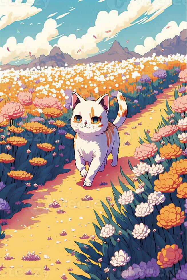 gato caminando mediante un campo de flores generativo ai. foto