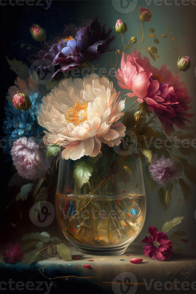 painting of flowers in a vase on a table. . photo