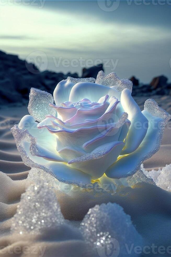 white rose sitting on top of a snow covered beach. . photo
