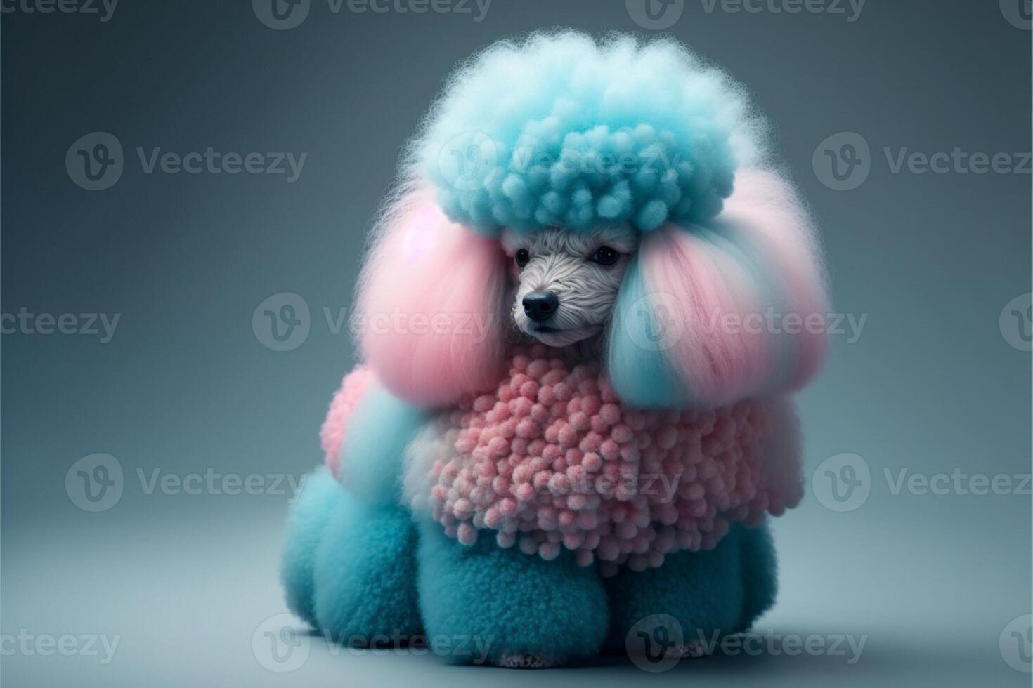 rosado y azul caniche sentado en un azul superficie. generativo ai. foto