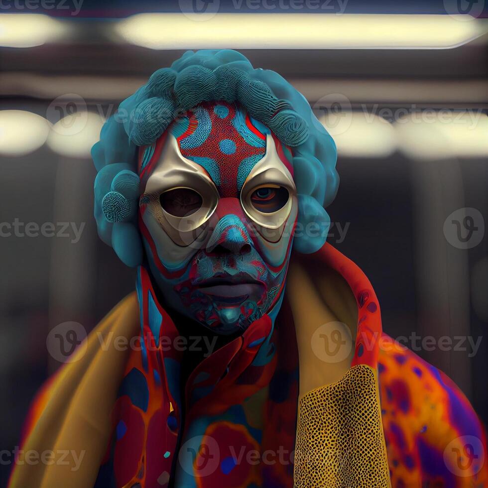 close up of a person wearing a clown mask. . photo