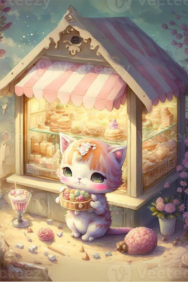 painting of a cat eating an ice cream cone. . photo