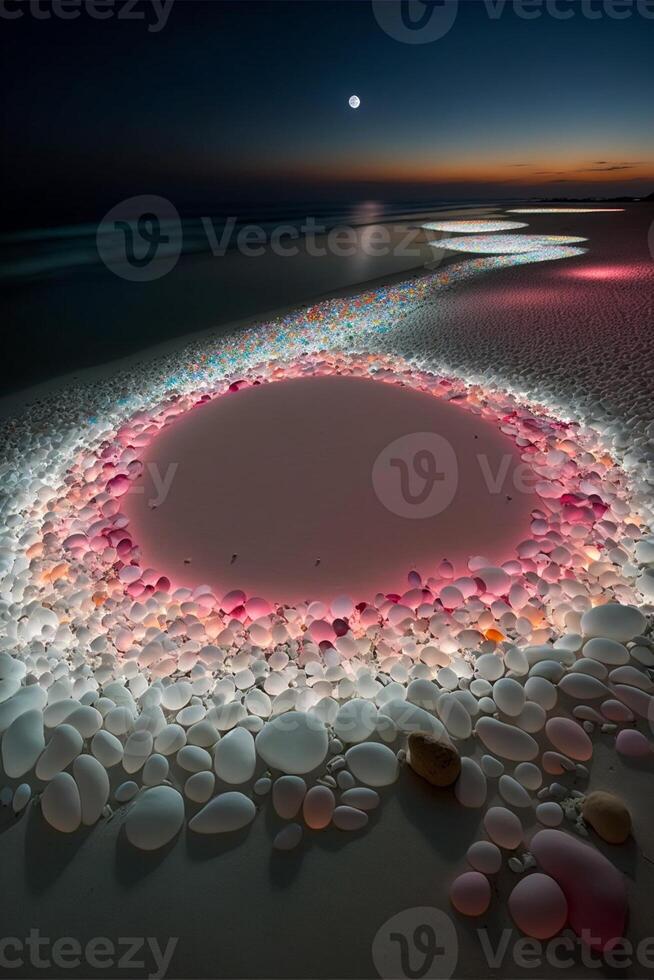 circulo de conchas sentado en parte superior de un arenoso playa. generativo ai. foto