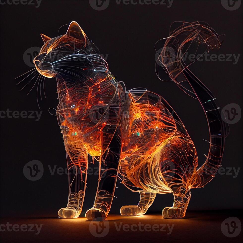 lit up cat sitting on top of a table. . photo