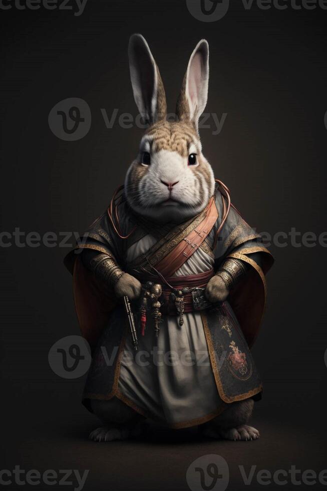 rabbit dressed in armor poses for a picture. . photo