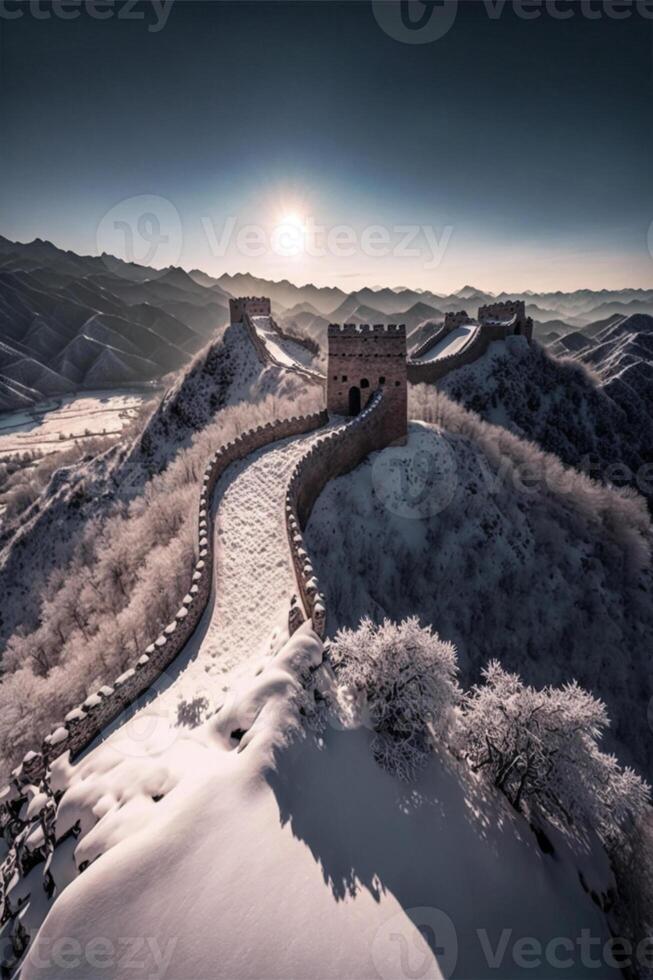 el genial pared de China es cubierto en nieve. generativo ai. foto