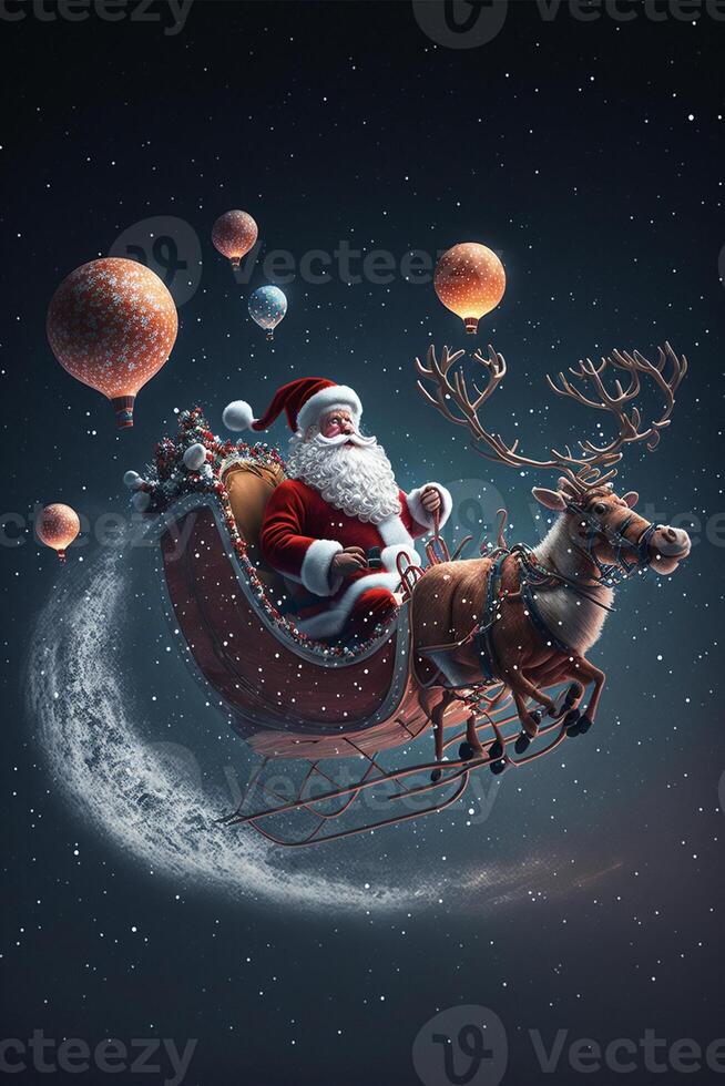 santa claus riding in a sleigh with reindeers. . photo