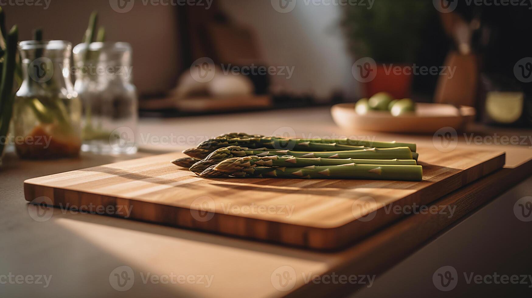 cooking green asparagus on wooden board on table in kitchen healthy vegan food photo