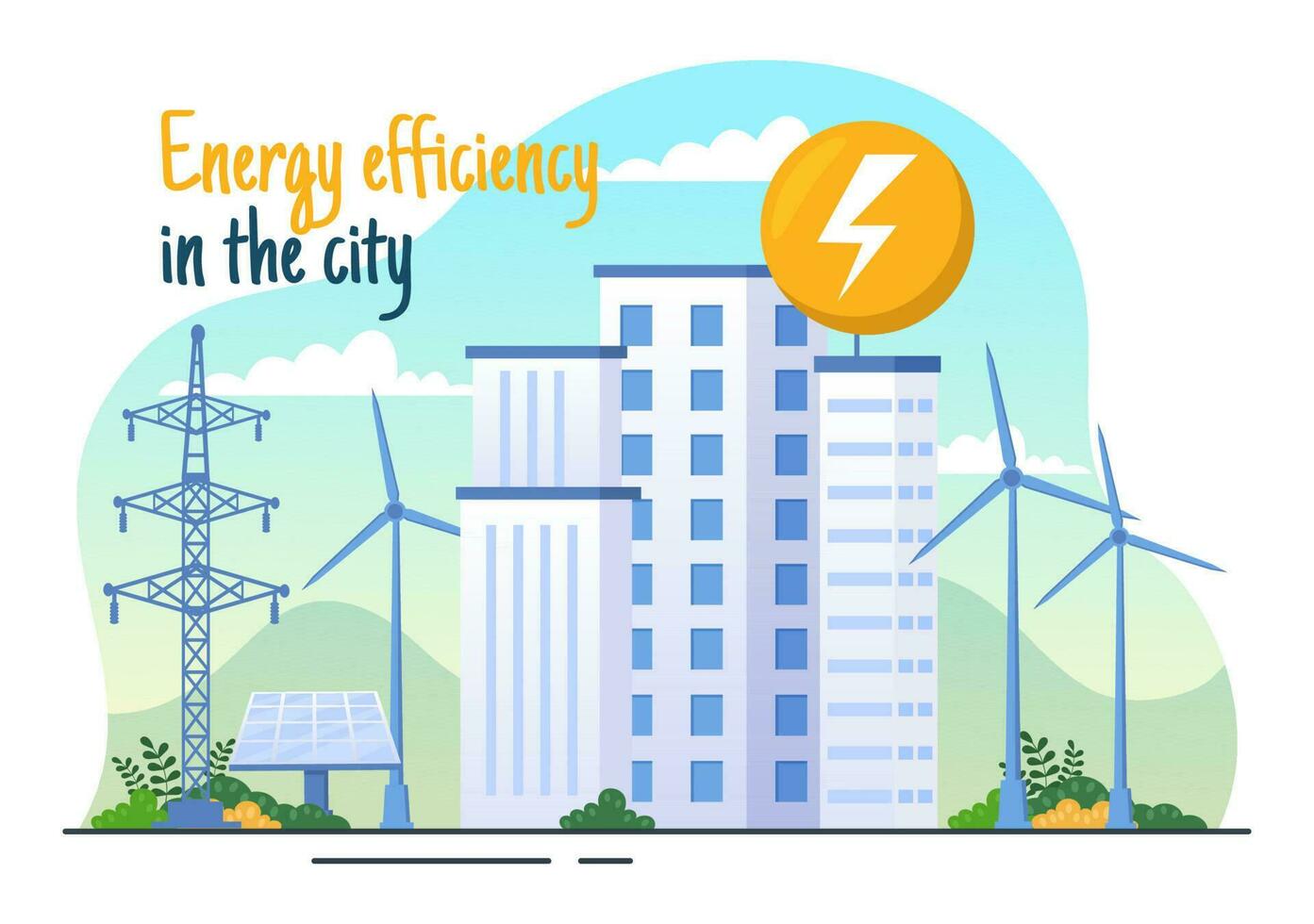 Energy Efficiency in the City Vector Illustration with Sustainable Environment for Electricity Generated From Sun and Wind in Hand Drawn Templates