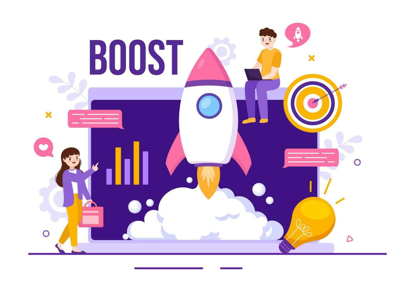 Business Boost Vector Illustration with Digital Marketing Rocket Company Career Success in Development and Profit Increase in Hand Drawn Template