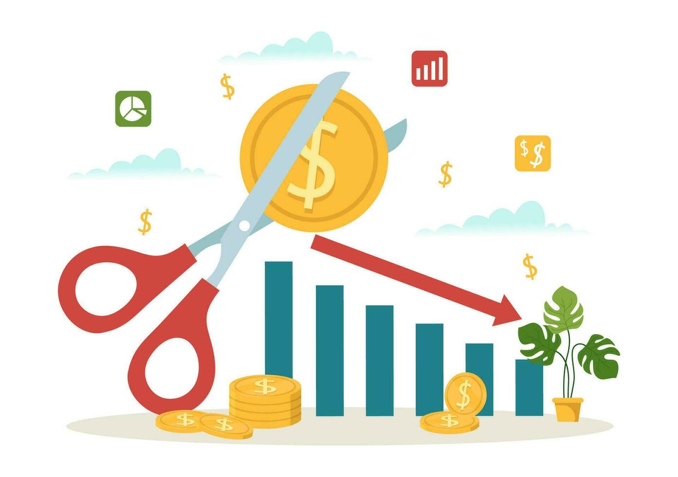 Cost Reduction Vector Illustration with Decrease, Price Minimising or Falling Rate of Profit in Business Flat Cartoon Hand Drawn Templates